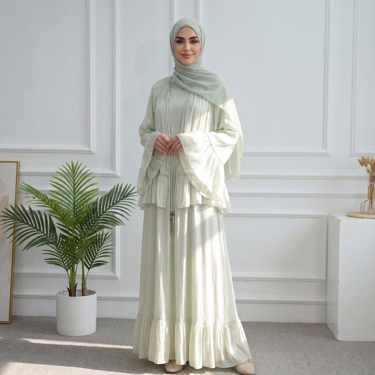 2-Piece Crystal Beaded Ruffle Sleeve Abaya Set(MS405)
