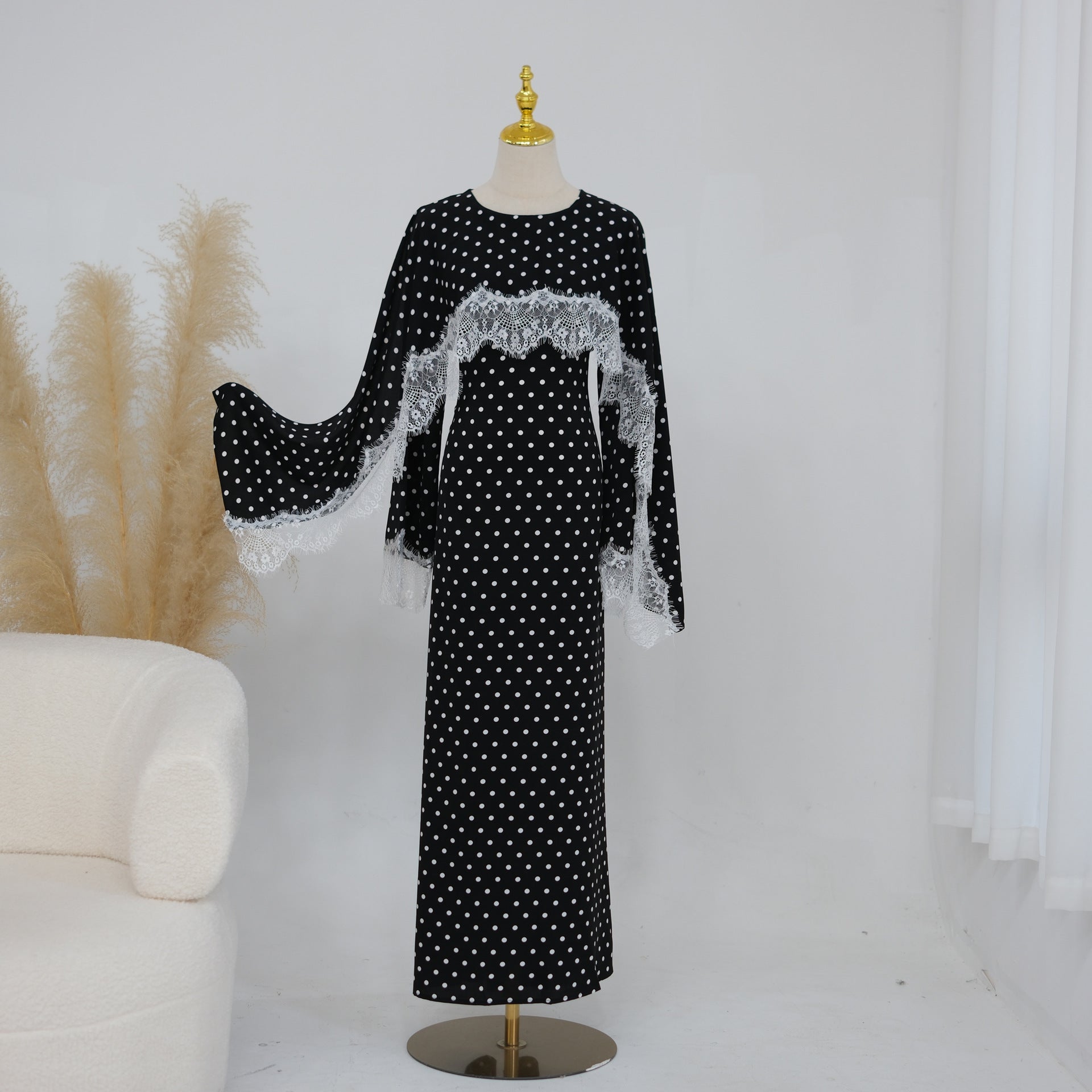 Lace Splice Satin Maxi Dress with Fixed Cape(MS438)