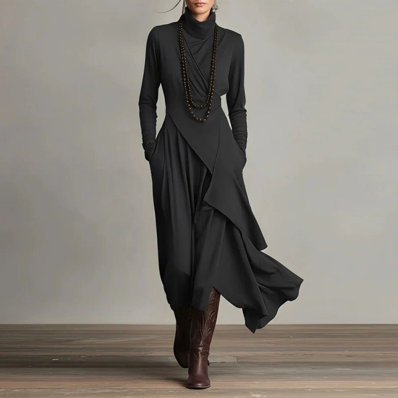 Asymmetric Wrap Gown with Turtleneck | Draped Handkerchief Hem Dress(MS261)