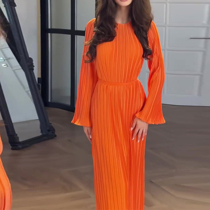 Autumn New Pleated Flared Sleeve Wedding Guest Dress Abaya with Belt(MA193)