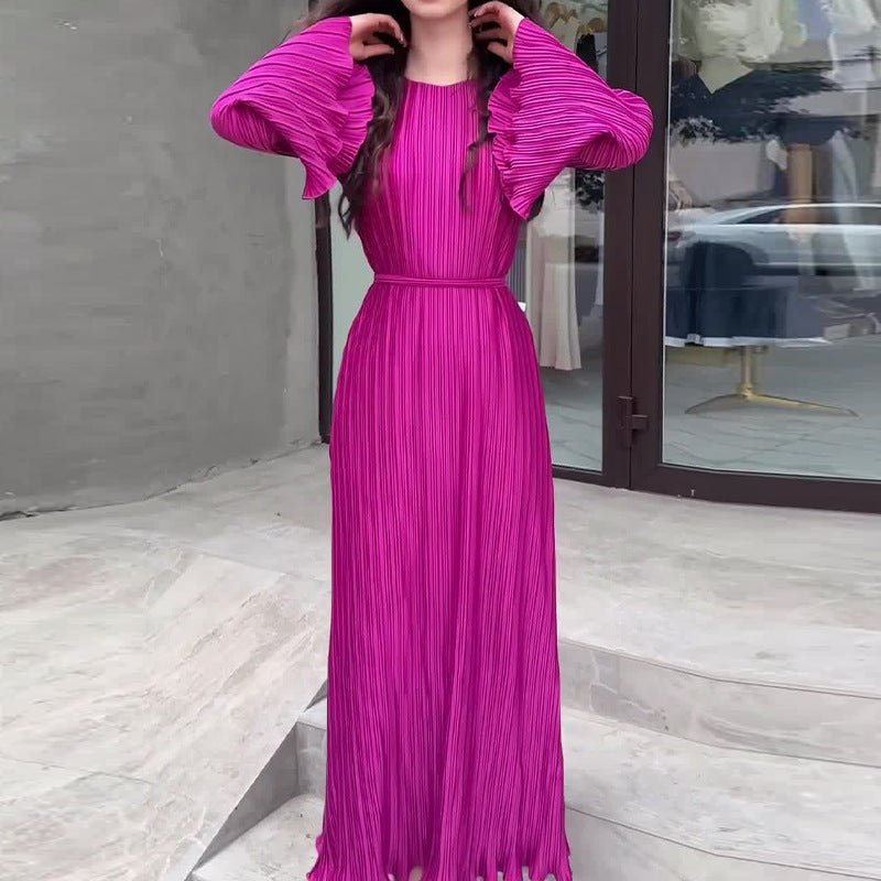 Autumn New Pleated Flared Sleeve Wedding Guest Dress Abaya with Belt(MA193)