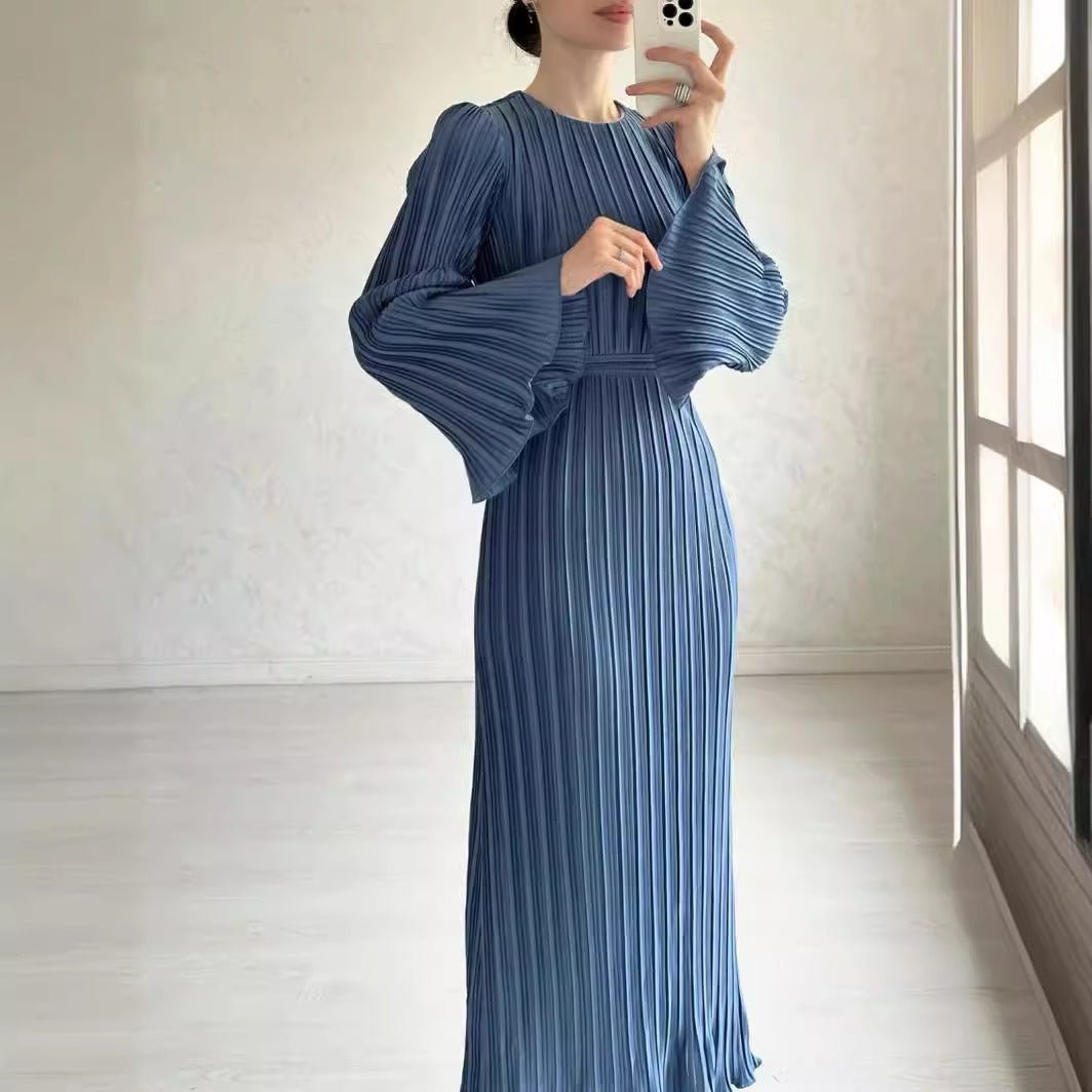 Autumn New Pleated Flared Sleeve Wedding Guest Dress Abaya with Belt(MA193)