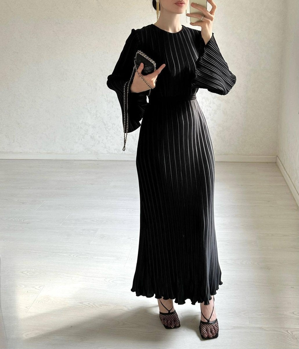 Autumn New Pleated Flared Sleeve Wedding Guest Dress Abaya with Belt(MA193)
