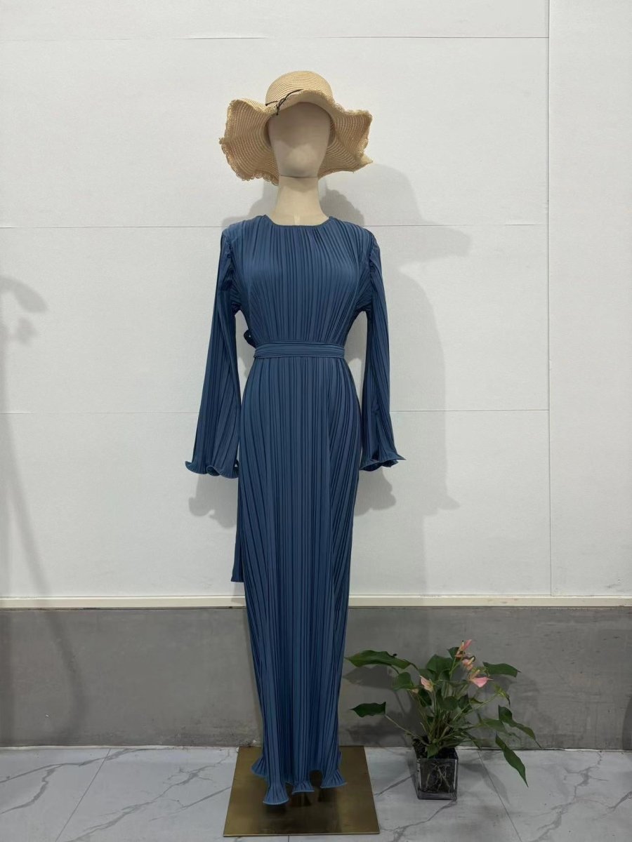 Autumn New Pleated Flared Sleeve Wedding Guest Dress Abaya with Belt(MA193)