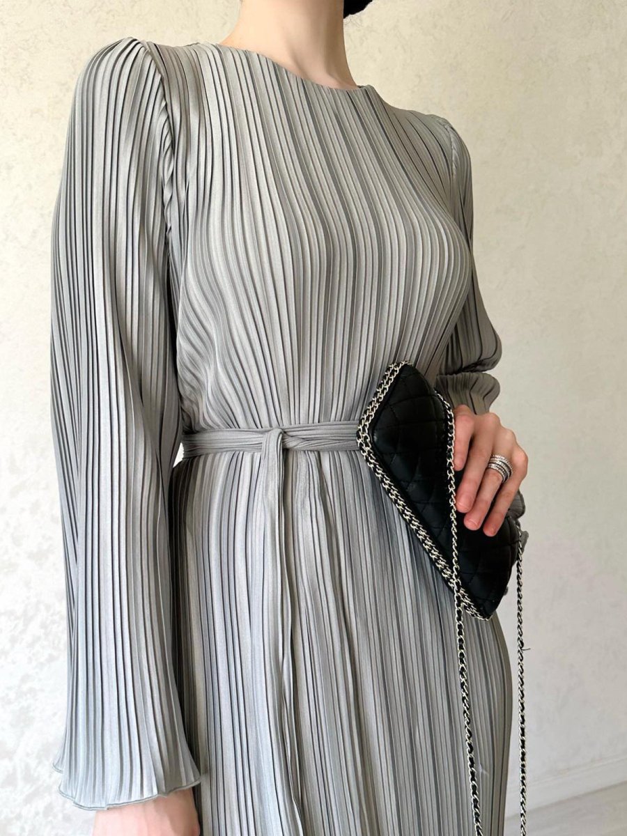 Autumn New Pleated Flared Sleeve Wedding Guest Dress Abaya with Belt(MA193)