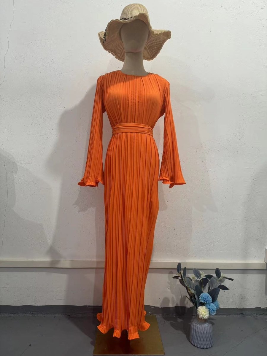 Autumn New Pleated Flared Sleeve Wedding Guest Dress Abaya with Belt(MA193)