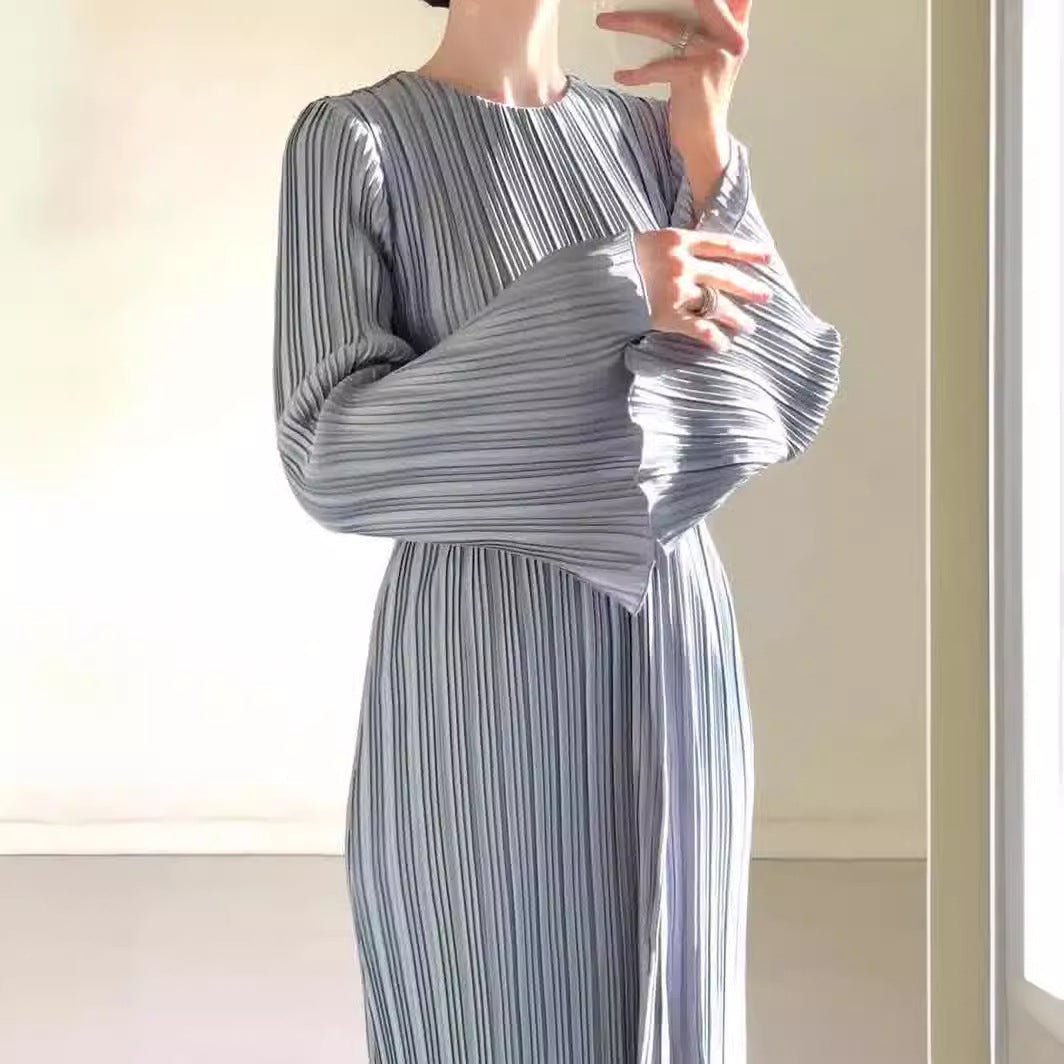 Autumn New Pleated Flared Sleeve Wedding Guest Dress Abaya with Belt(MA193)