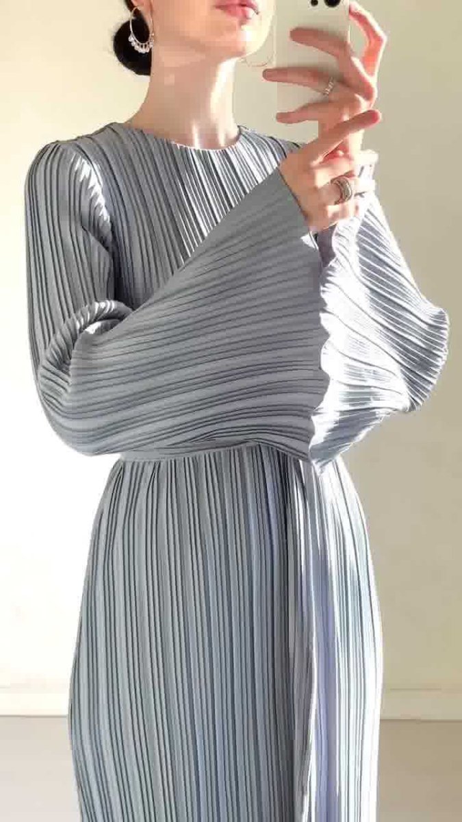 Autumn New Pleated Flared Sleeve Wedding Guest Dress Abaya with Belt(MA193)