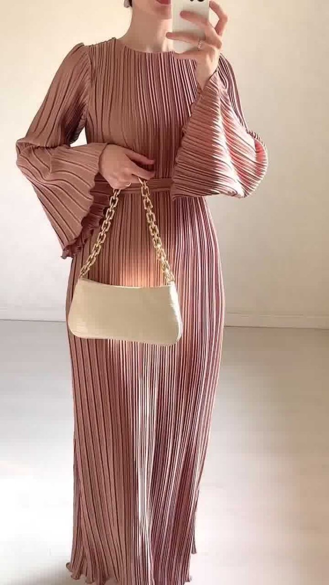 Autumn New Pleated Flared Sleeve Wedding Guest Dress Abaya with Belt(MA193)