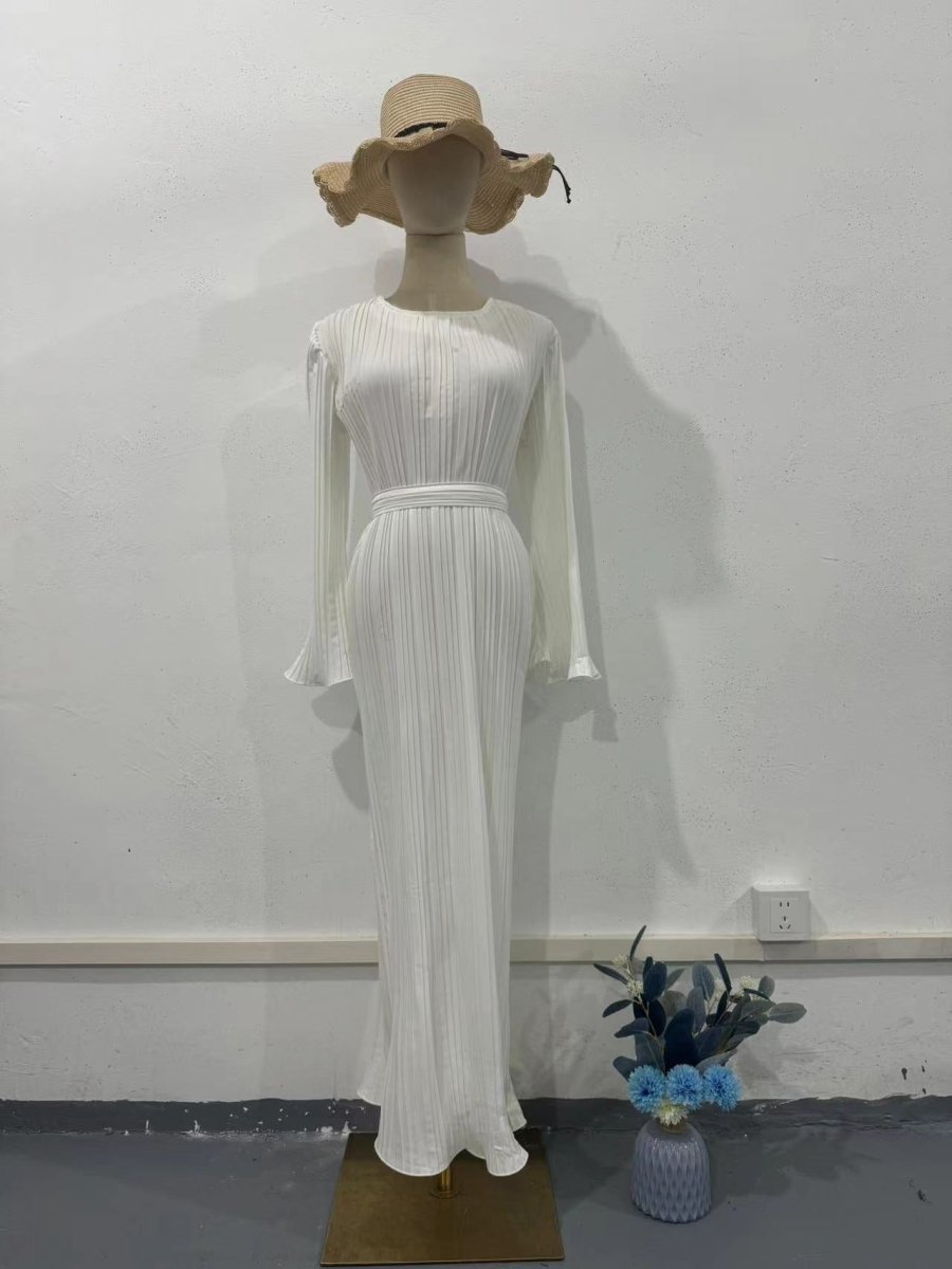 Autumn New Pleated Flared Sleeve Wedding Guest Dress Abaya with Belt(MA193)