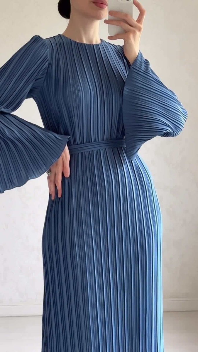 Autumn New Pleated Flared Sleeve Wedding Guest Dress Abaya with Belt(MA193)