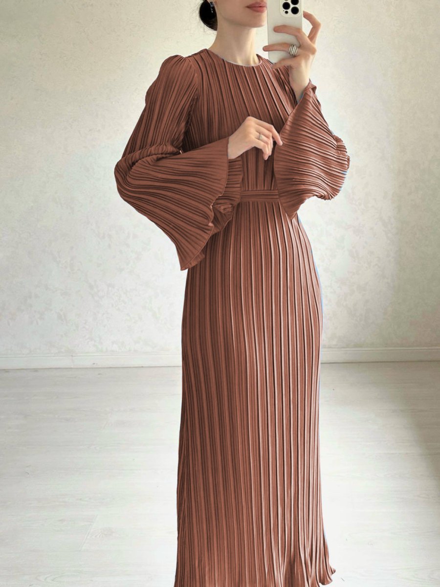 Autumn New Pleated Flared Sleeve Wedding Guest Dress Abaya with Belt(MA193)