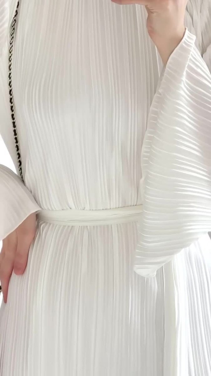 Autumn New Pleated Flared Sleeve Wedding Guest Dress Abaya with Belt(MA193)