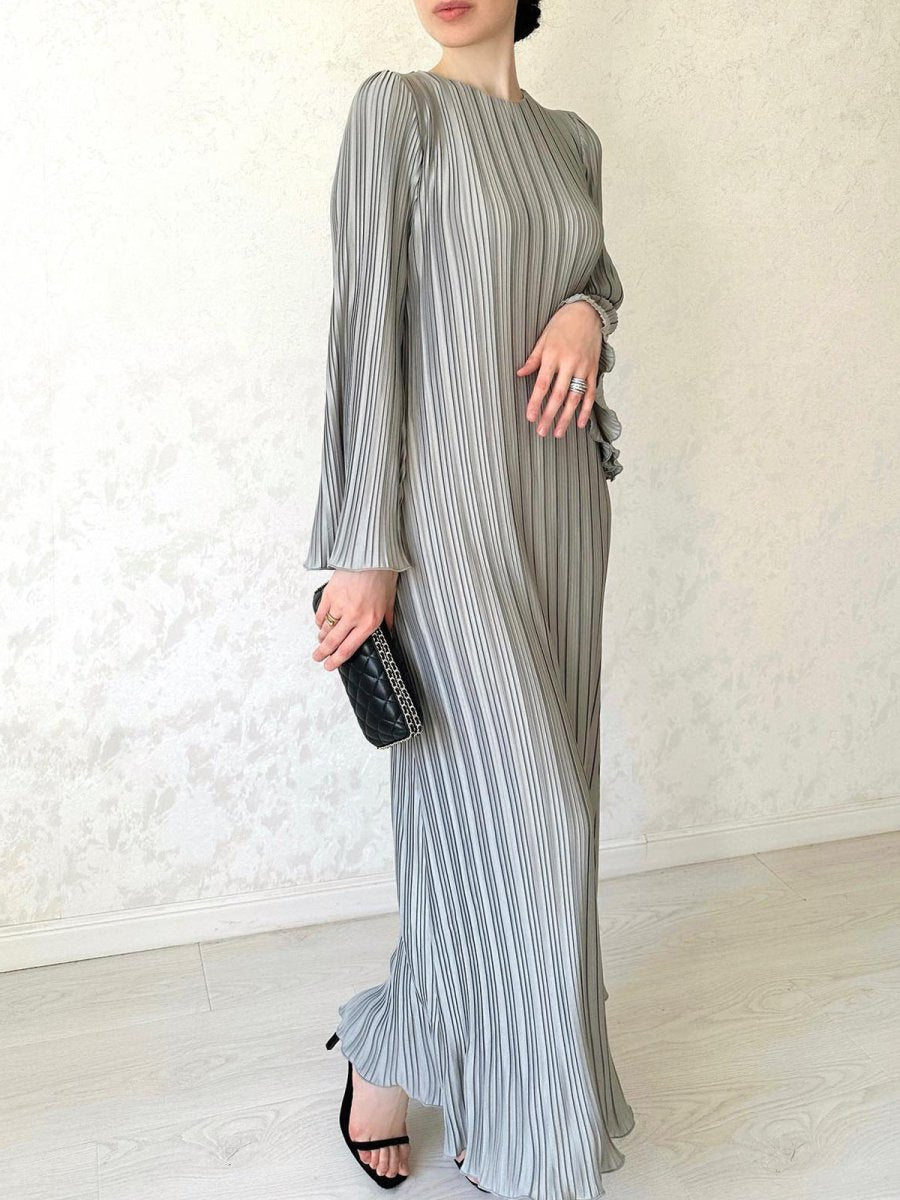 Autumn New Pleated Flared Sleeve Wedding Guest Dress Abaya with Belt(MA193)