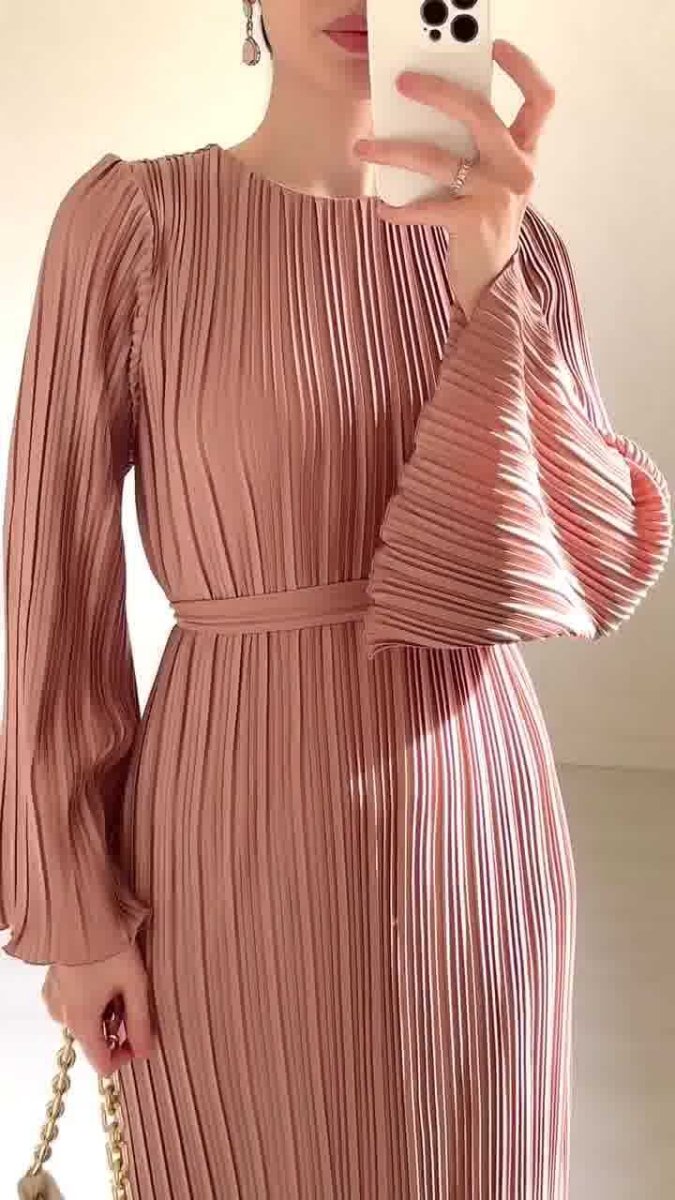 Autumn New Pleated Flared Sleeve Wedding Guest Dress Abaya with Belt(MA193)