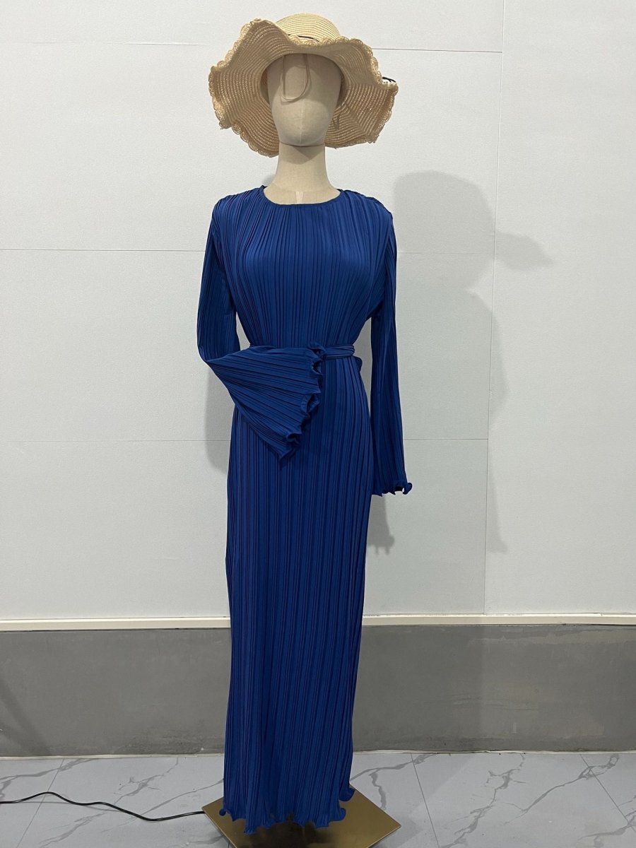 Autumn New Pleated Flared Sleeve Wedding Guest Dress Abaya with Belt(MA193)
