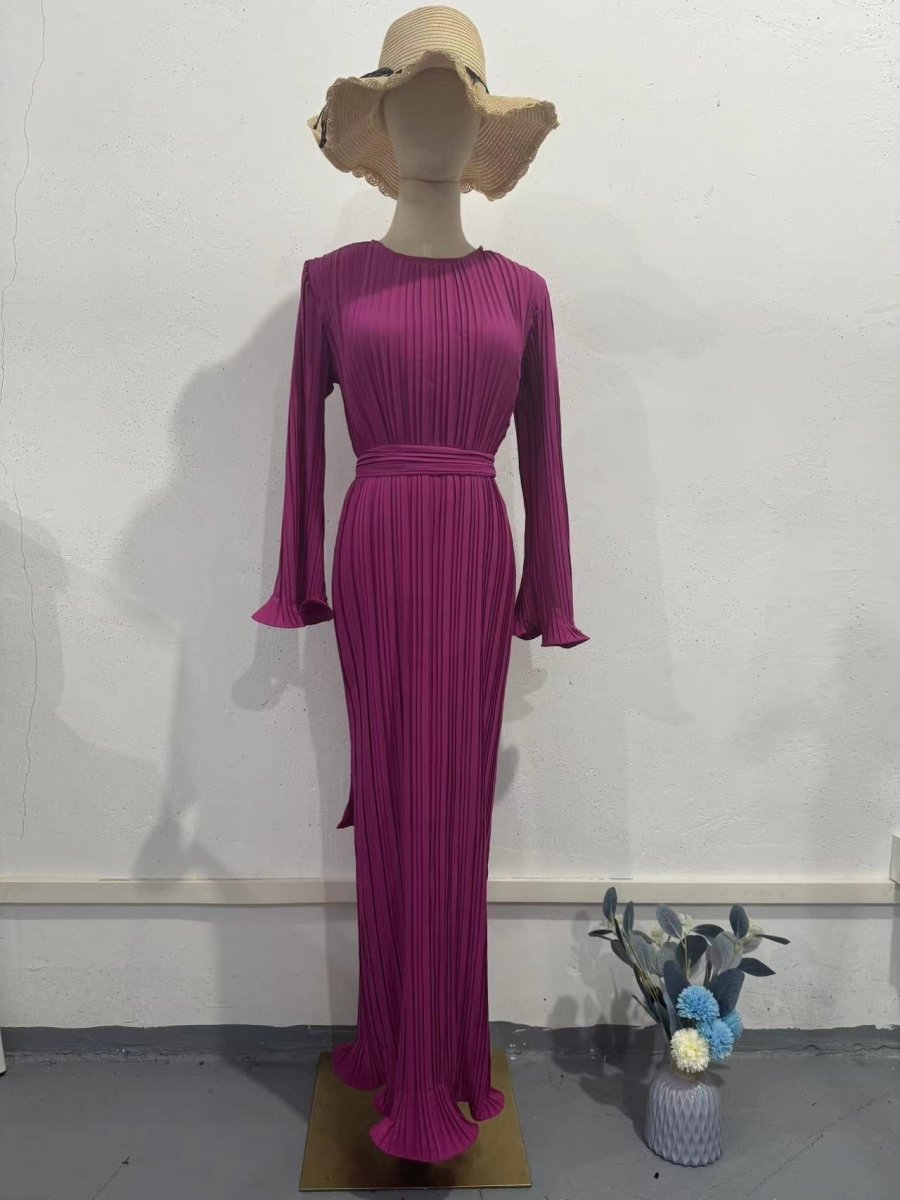 Autumn New Pleated Flared Sleeve Wedding Guest Dress Abaya with Belt(MA193)