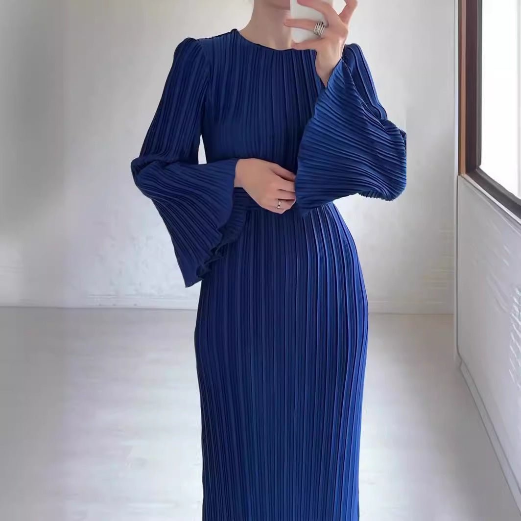 Autumn New Pleated Flared Sleeve Wedding Guest Dress Abaya with Belt(MA193)