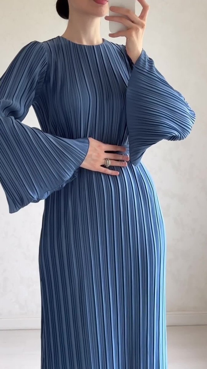 Autumn New Pleated Flared Sleeve Wedding Guest Dress Abaya with Belt(MA193)