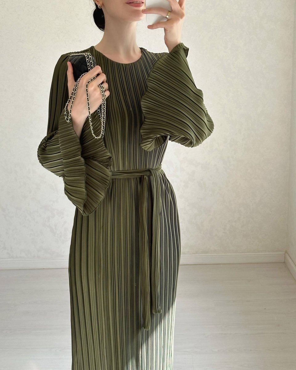 Autumn New Pleated Flared Sleeve Wedding Guest Dress Abaya with Belt(MA193)