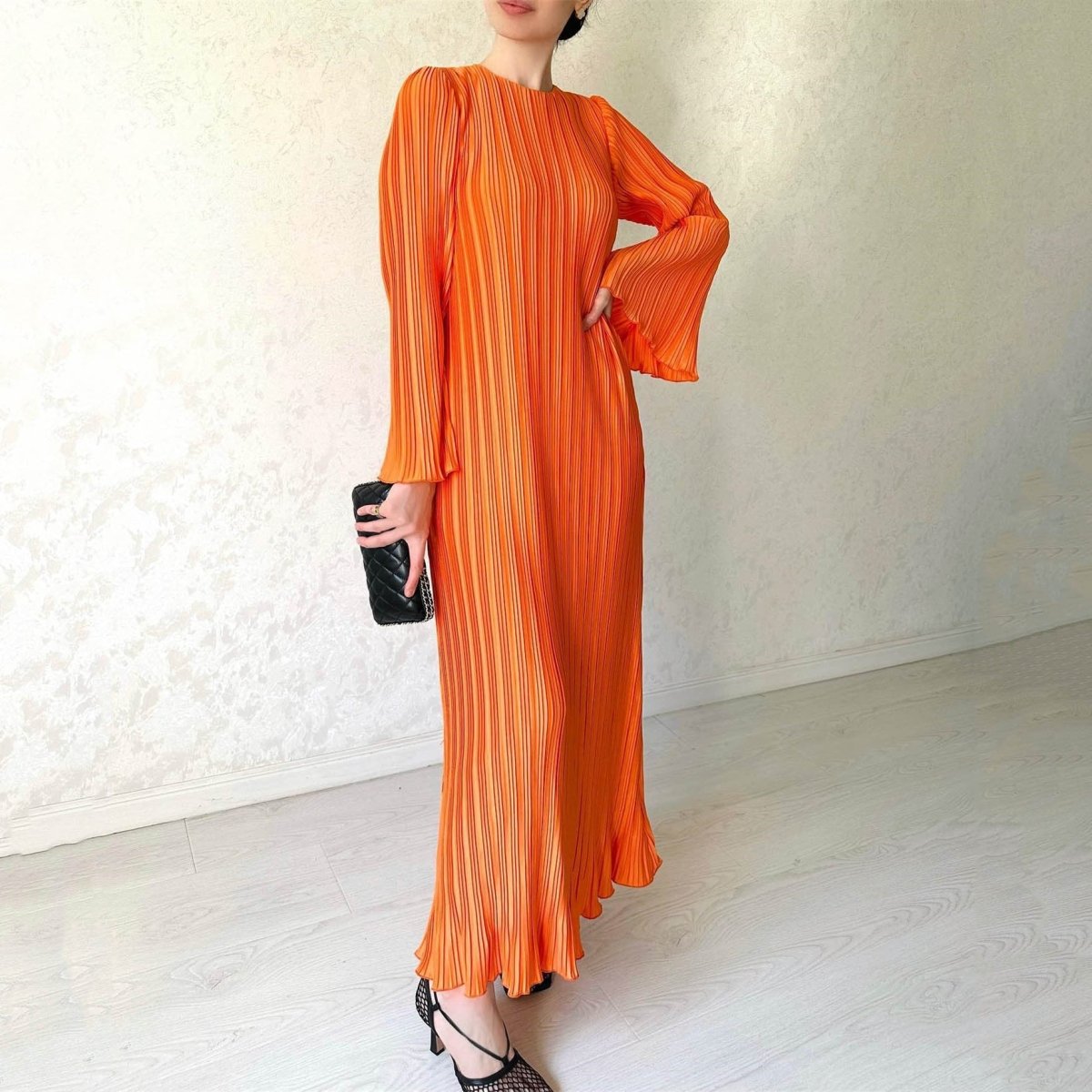 Autumn New Pleated Flared Sleeve Wedding Guest Dress Abaya with Belt(MA193)