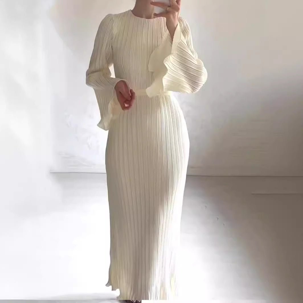 Autumn New Pleated Flared Sleeve Wedding Guest Dress Abaya with Belt(MA193)