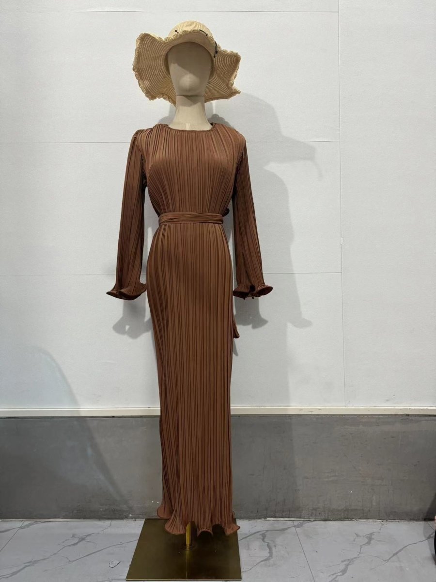 Autumn New Pleated Flared Sleeve Wedding Guest Dress Abaya with Belt(MA193)