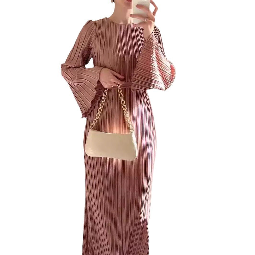 Autumn New Pleated Flared Sleeve Wedding Guest Dress Abaya with Belt(MA193)