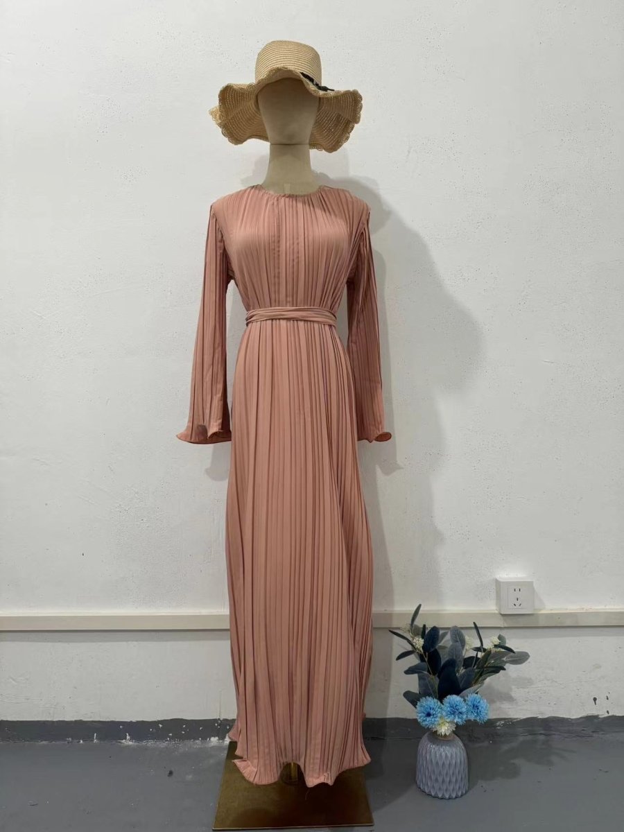 Autumn New Pleated Flared Sleeve Wedding Guest Dress Abaya with Belt(MA193)