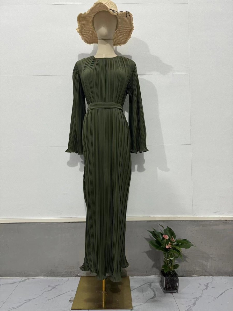 Autumn New Pleated Flared Sleeve Wedding Guest Dress Abaya with Belt(MA193)