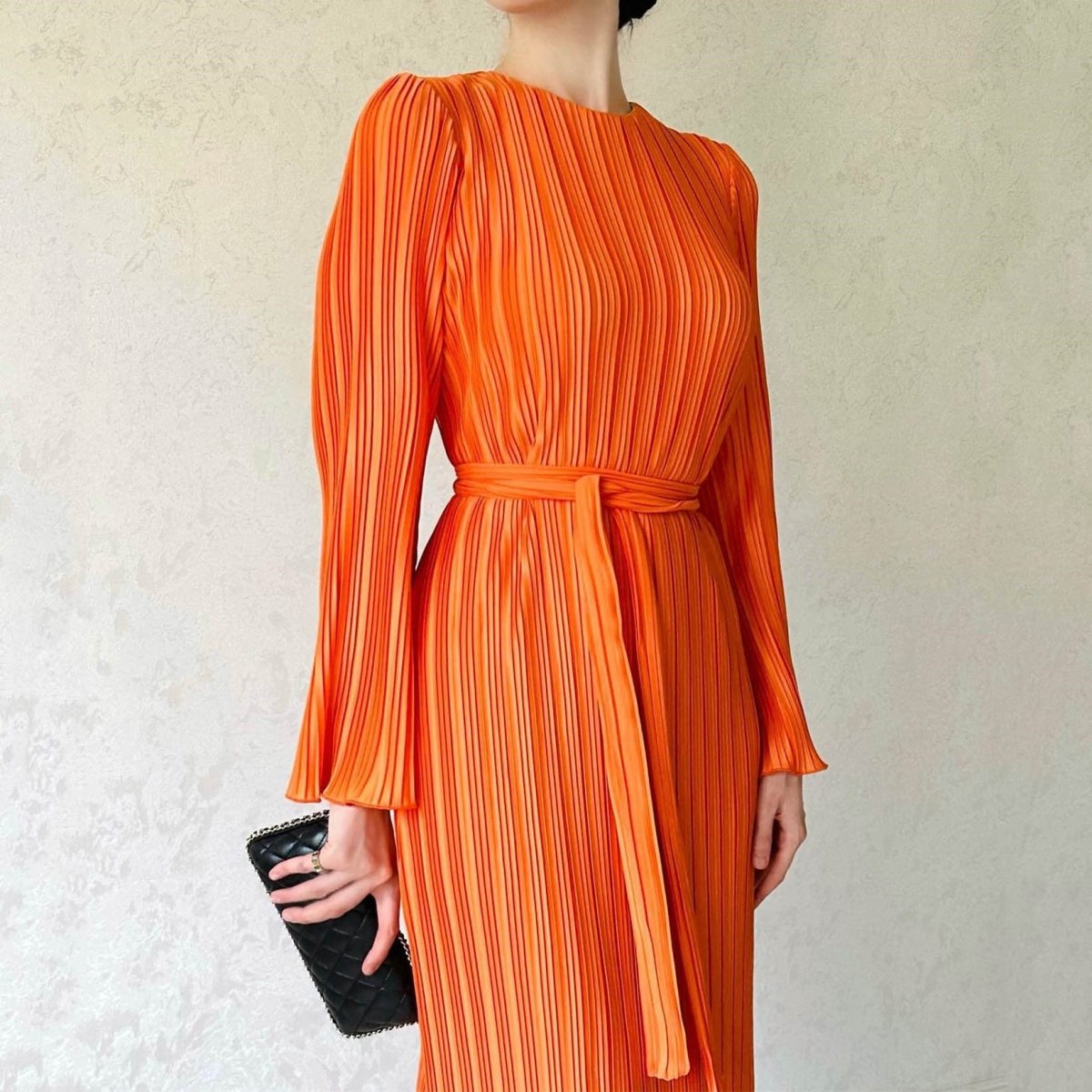 Autumn New Pleated Flared Sleeve Wedding Guest Dress Abaya with Belt(MA193)