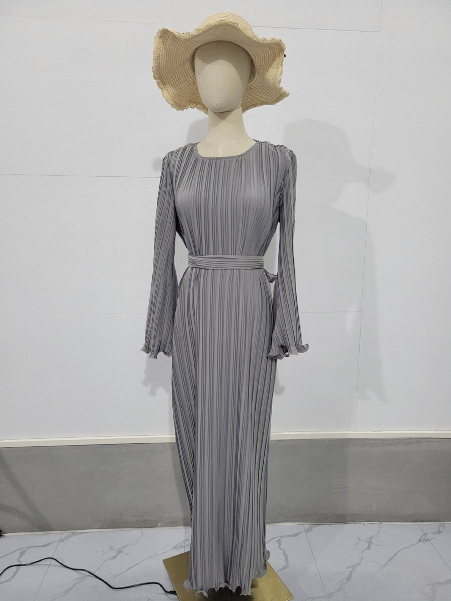 Autumn New Pleated Flared Sleeve Wedding Guest Dress Abaya with Belt(MA193)