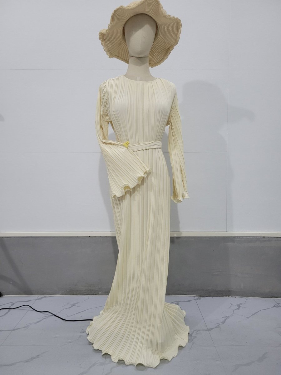 Autumn New Pleated Flared Sleeve Wedding Guest Dress Abaya with Belt(MA193)