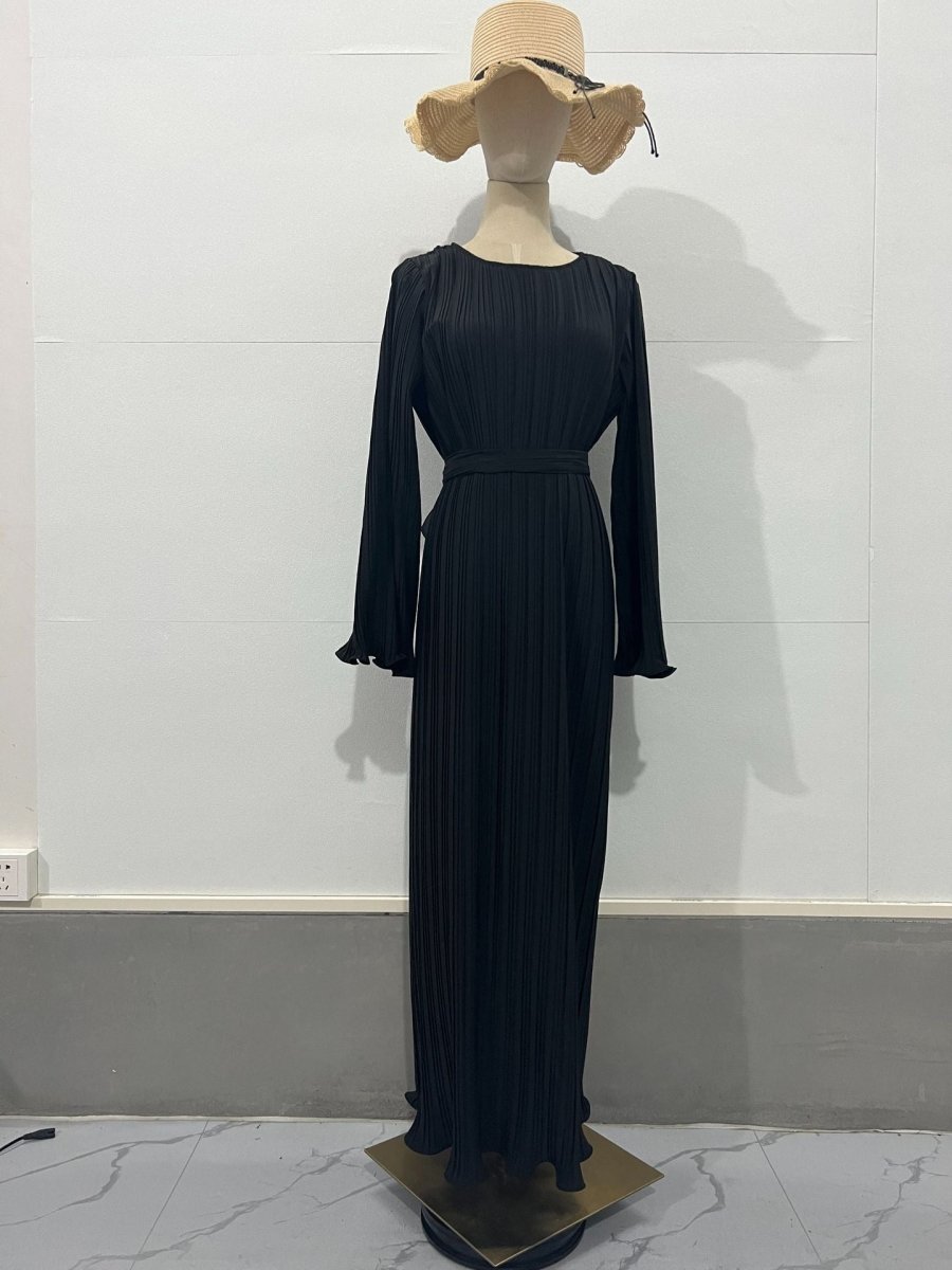 Autumn New Pleated Flared Sleeve Wedding Guest Dress Abaya with Belt(MA193)