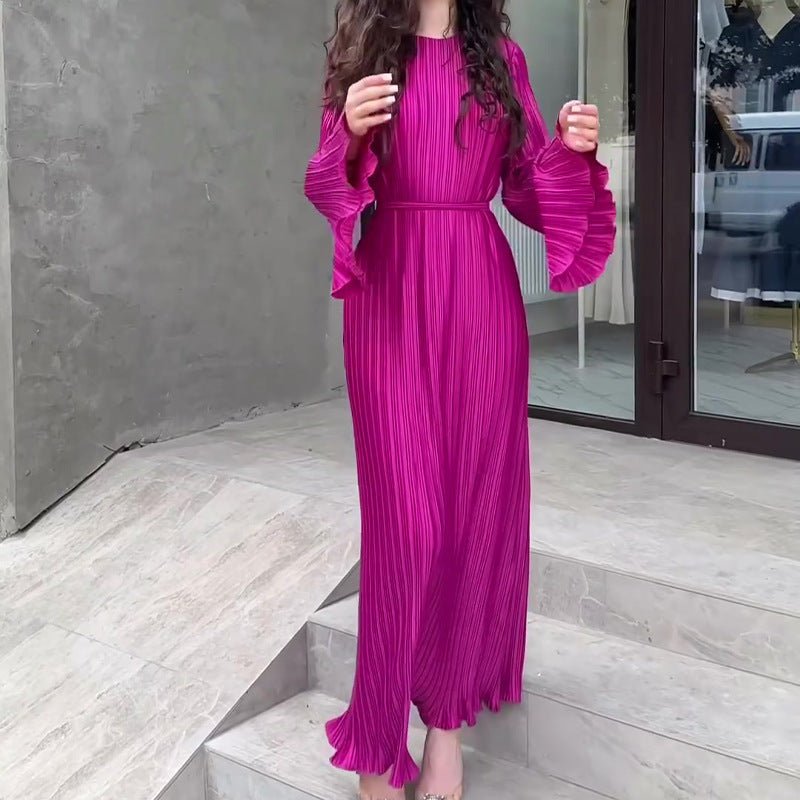 Autumn New Pleated Flared Sleeve Wedding Guest Dress Abaya with Belt(MA193)