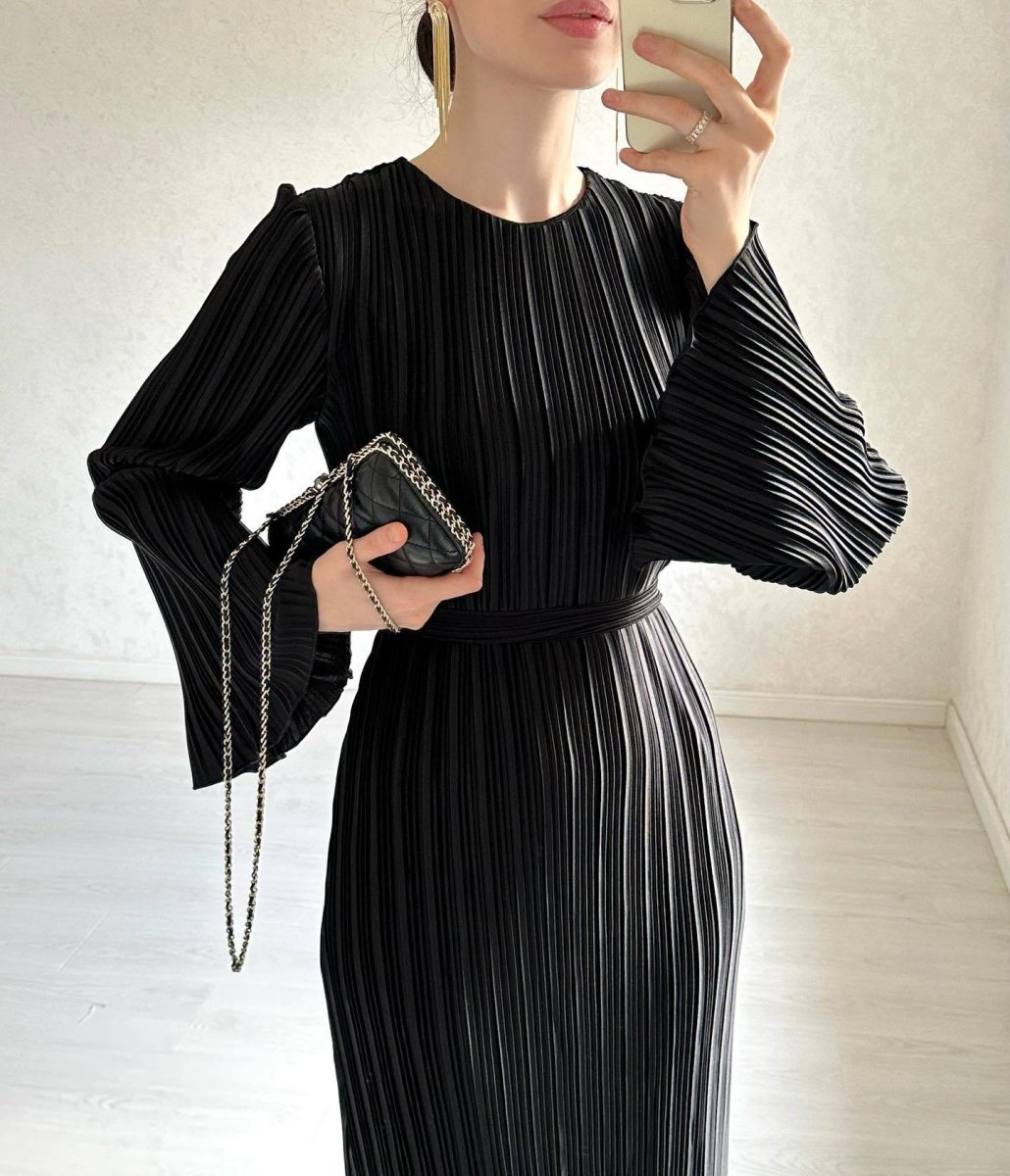 Autumn New Pleated Flared Sleeve Wedding Guest Dress Abaya with Belt(MA193)
