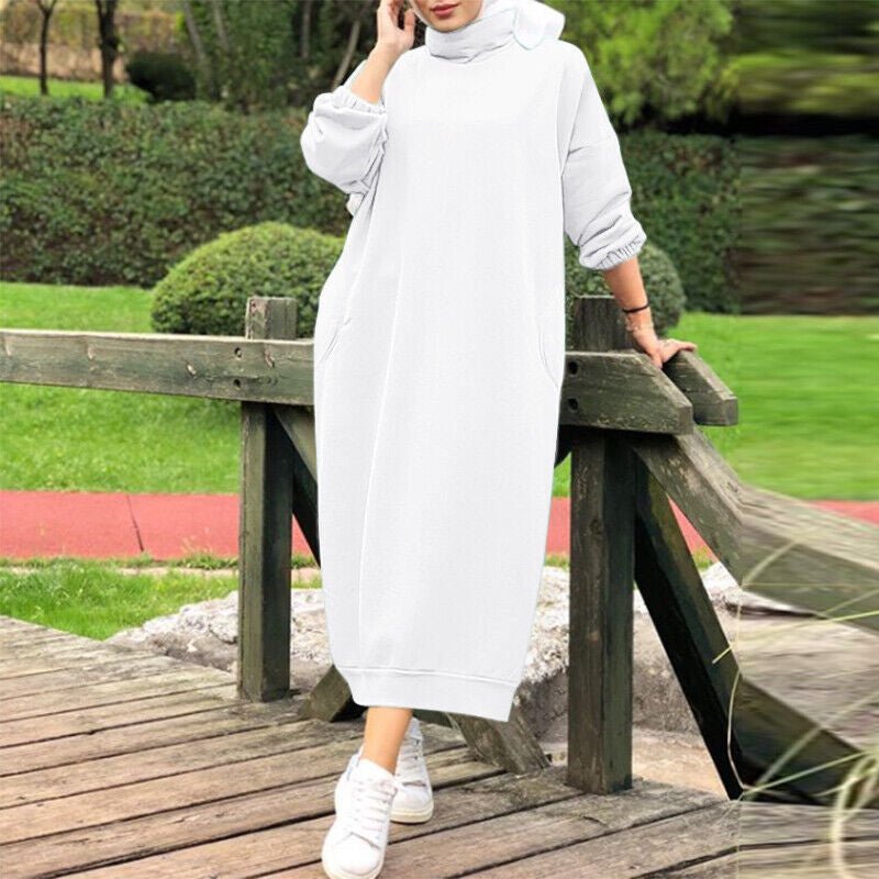 Autumn Winter Lined Turtleneck Maxi Dress | Casual Sweatshirt Dress with Elastic Cuffs (MS138)