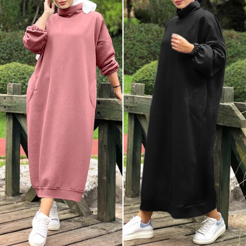 Autumn Winter Lined Turtleneck Maxi Dress | Casual Sweatshirt Dress with Elastic Cuffs (MS138)