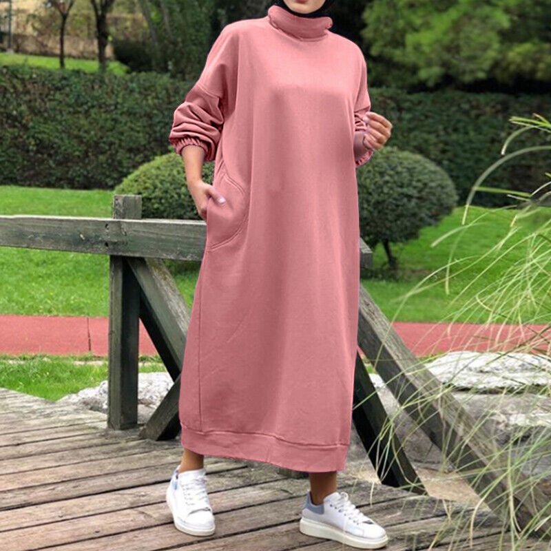 Autumn Winter Lined Turtleneck Maxi Dress | Casual Sweatshirt Dress with Elastic Cuffs (MS138)