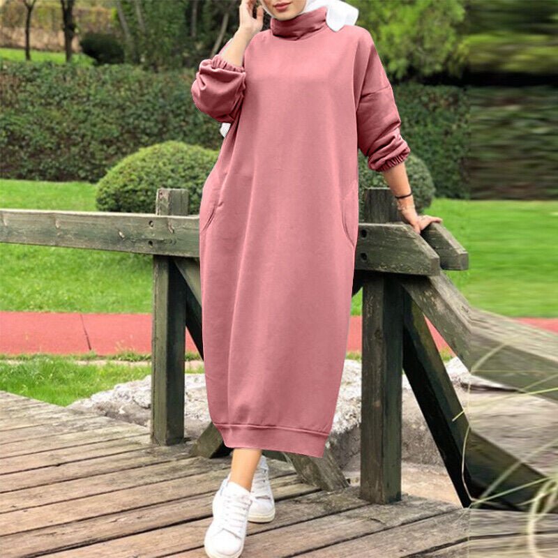 Autumn Winter Lined Turtleneck Maxi Dress | Casual Sweatshirt Dress with Elastic Cuffs (MS138)