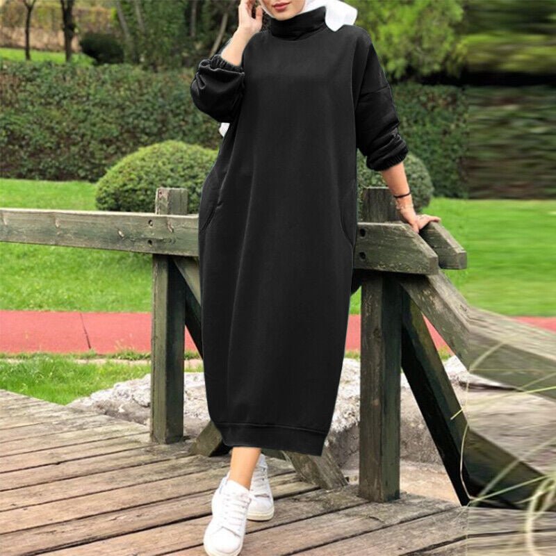 Autumn Winter Lined Turtleneck Maxi Dress | Casual Sweatshirt Dress with Elastic Cuffs (MS138)