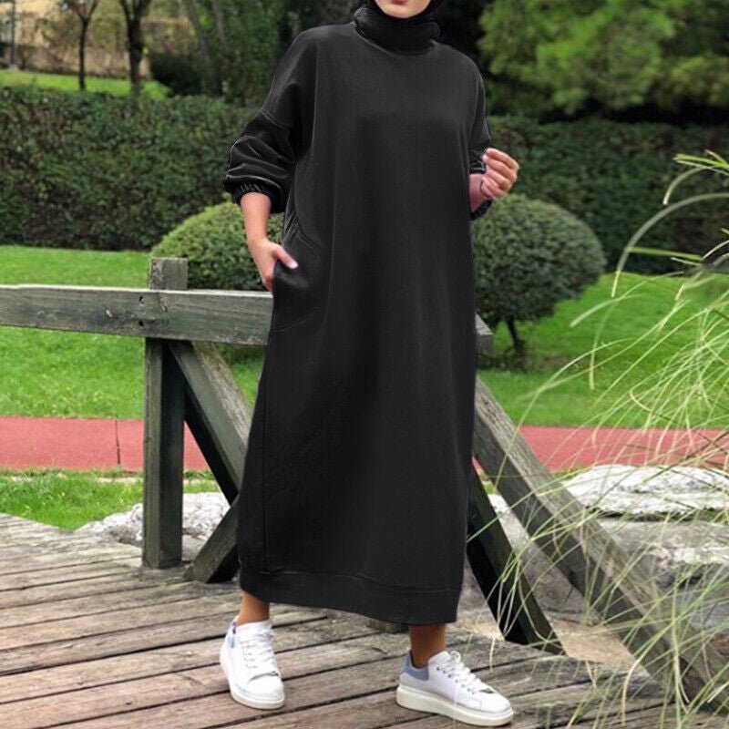 Autumn Winter Lined Turtleneck Maxi Dress | Casual Sweatshirt Dress with Elastic Cuffs (MS138)