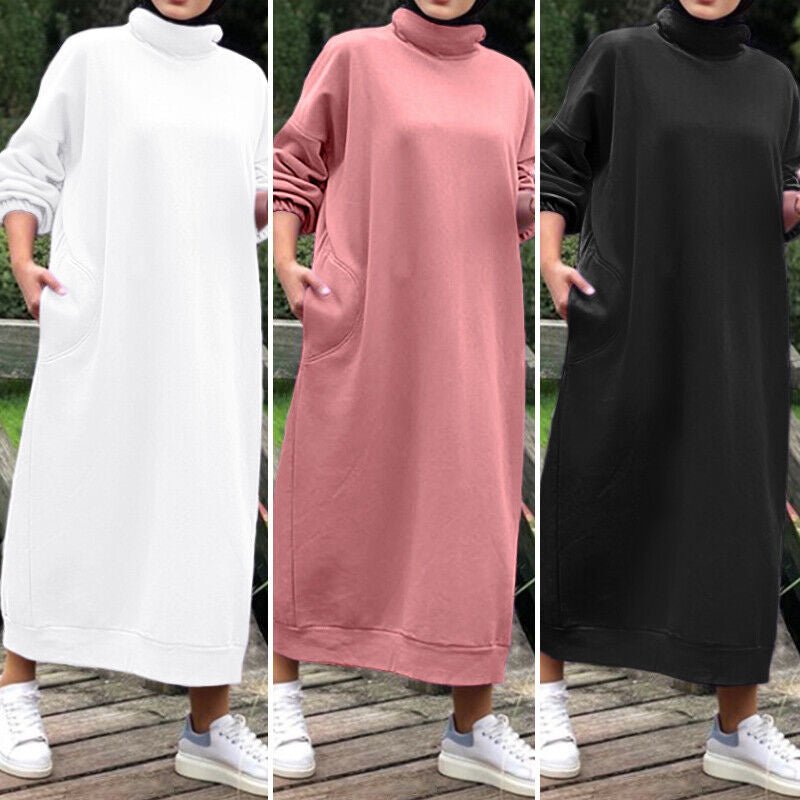 Autumn Winter Lined Turtleneck Maxi Dress | Casual Sweatshirt Dress with Elastic Cuffs (MS138)