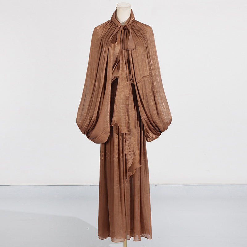 Balloon Sleeve Tie-Neck Maxi Dress(MS303)