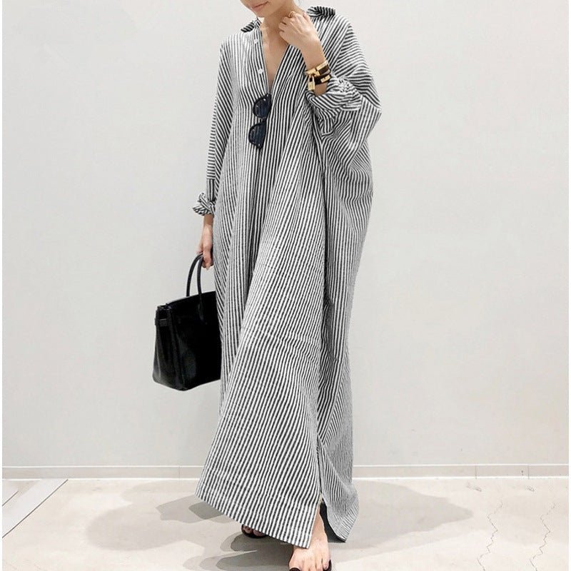 Breathable Stripe Print Loose Fit V-Neck Batwing Sleeve Abaya Dress Maxi Dress with Side Pockets (MA232)
