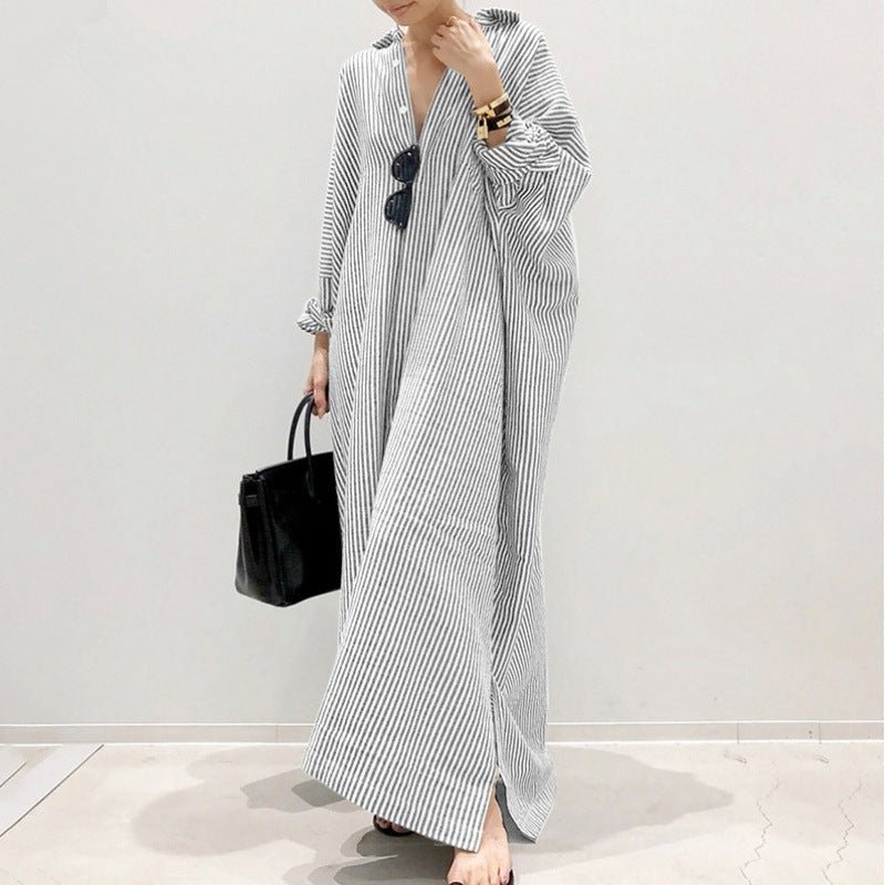 Breathable Stripe Print Loose Fit V-Neck Batwing Sleeve Abaya Dress Maxi Dress with Side Pockets (MA232)