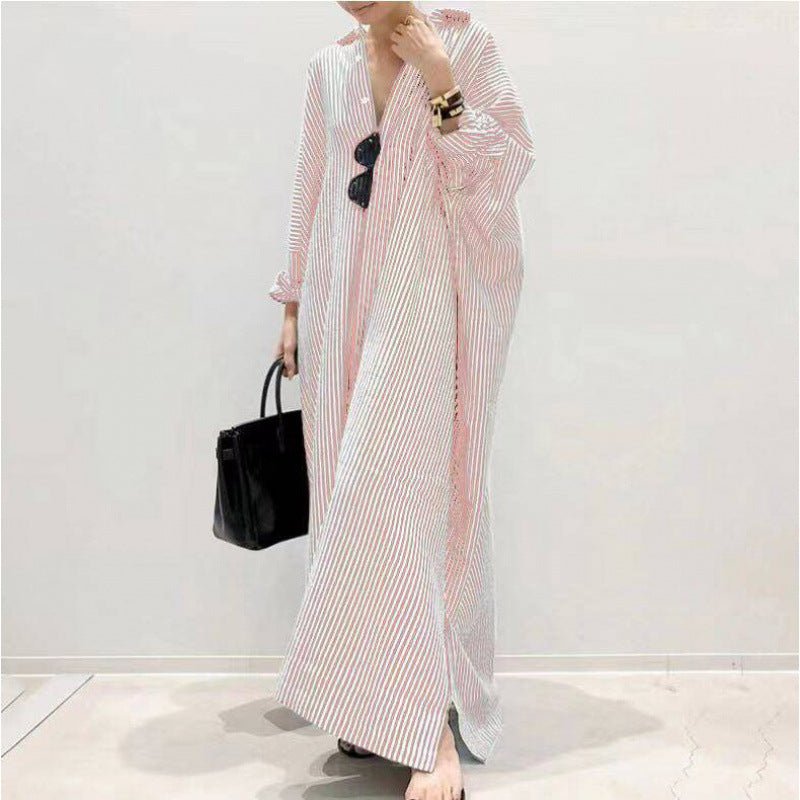 Breathable Stripe Print Loose Fit V-Neck Batwing Sleeve Abaya Dress Maxi Dress with Side Pockets (MA232)