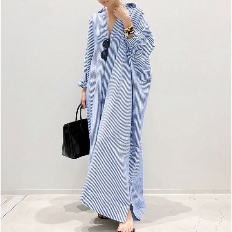 Breathable Stripe Print Loose Fit V-Neck Batwing Sleeve Abaya Dress Maxi Dress with Side Pockets (MA232)