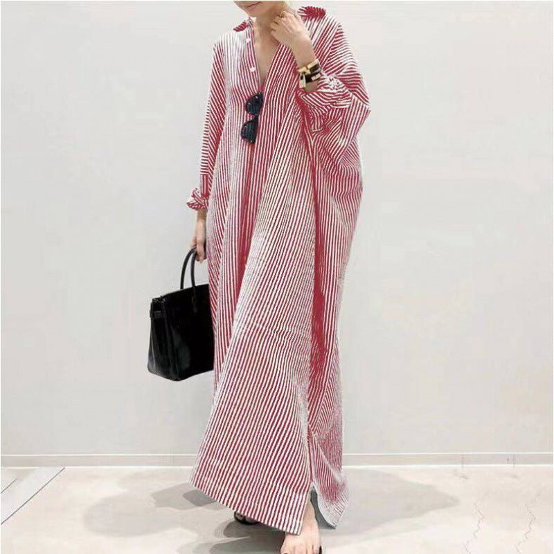 Breathable Stripe Print Loose Fit V-Neck Batwing Sleeve Abaya Dress Maxi Dress with Side Pockets (MA232)