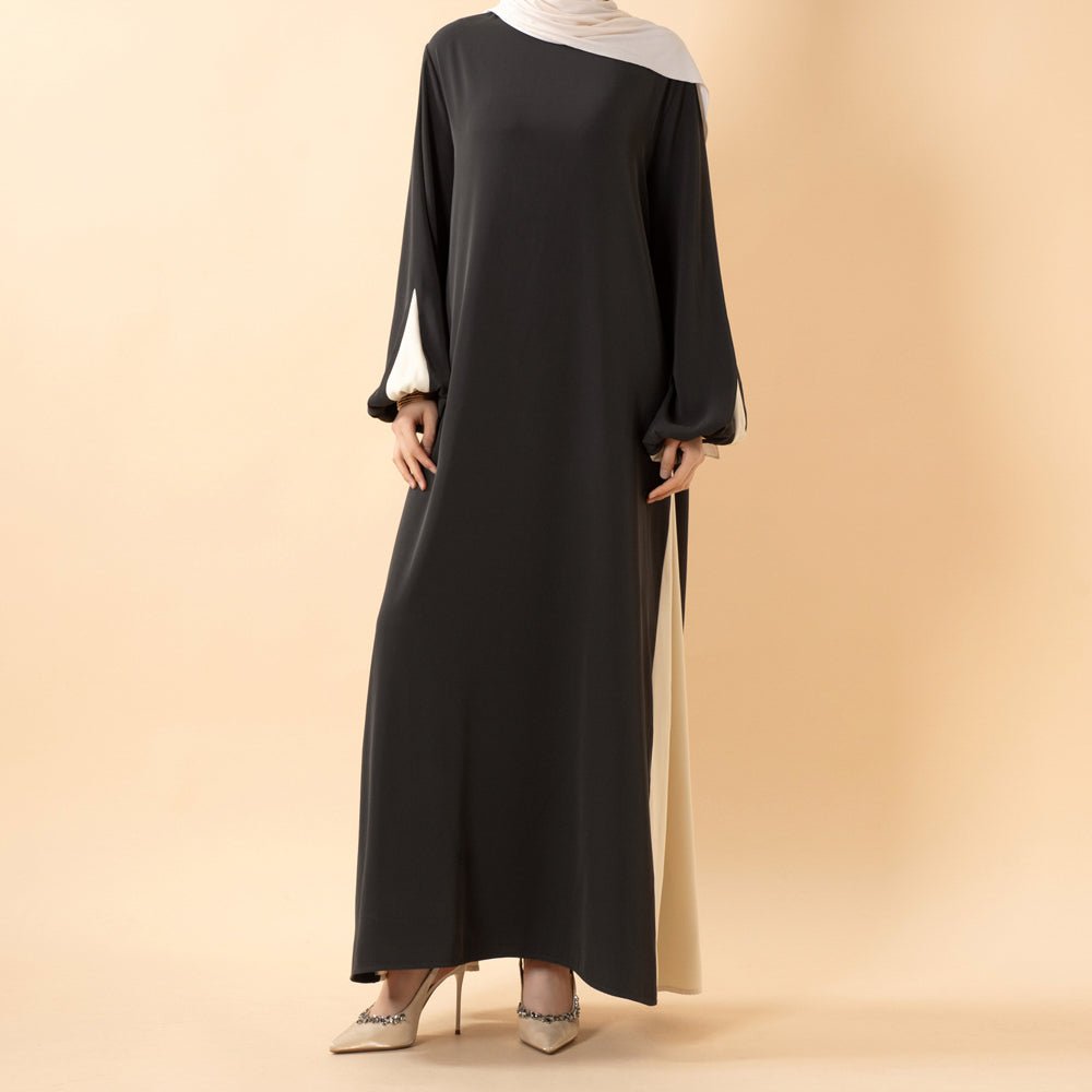 Contrast Panel Abaya with Drawstring Detail & Balloon Sleeves(MA421)